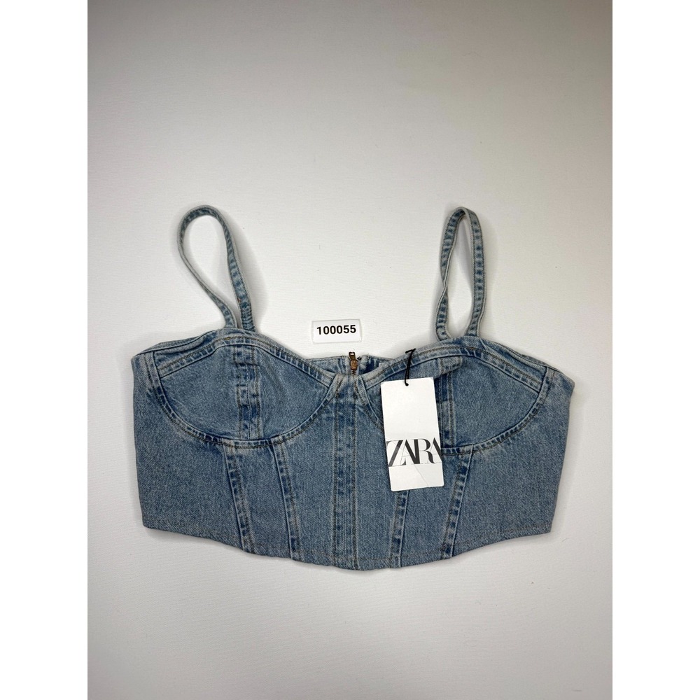 Zara Corset Cropped Top Womens Medium Blue Denim Cotton Back Zip Spaghetti Strap - Picture 6 of 6